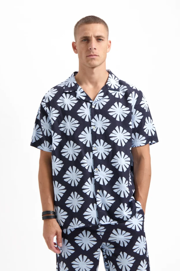 Kuyichi Herren vegan Hemd Robby Gedruckt Ss Mitternachtsblau