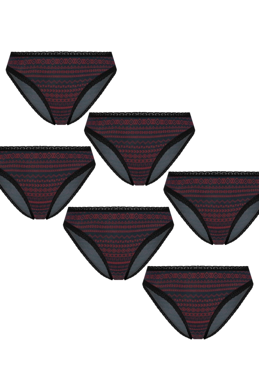 Albero Natur Damen vegan Multipack 6x Slips Mit Spitze Tibet Rot/Marine/Geometrisch