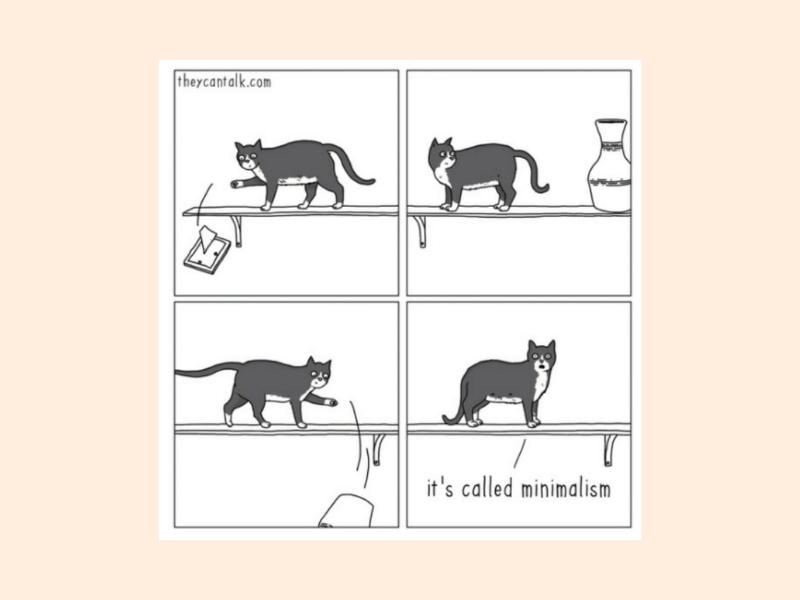 Illustration with a cat throwing stuff off the table that reads 'It's called minimalism.'