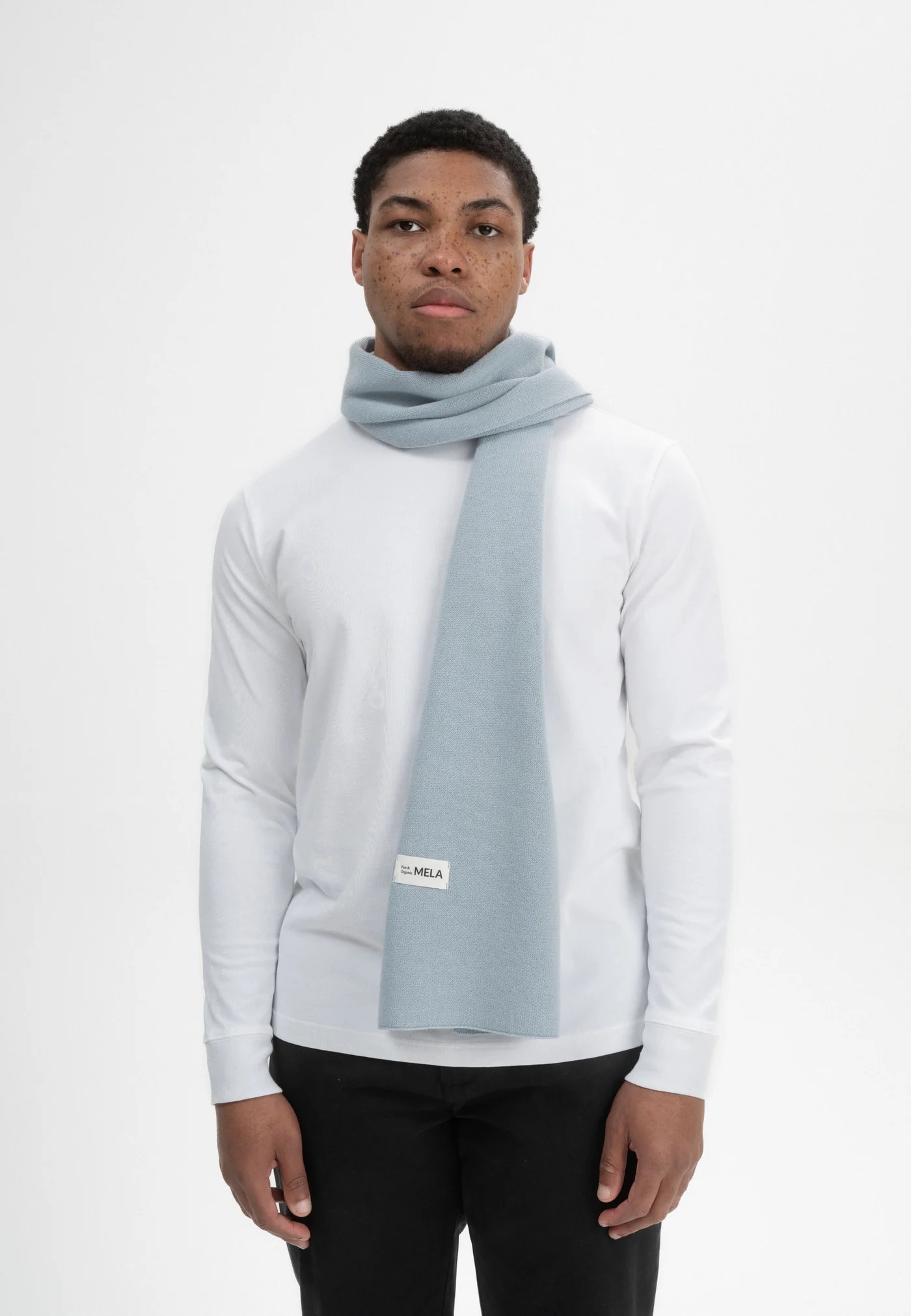 MELA men vegan Knit Scarf Jacquard Rib Asmee Cloudy Blue