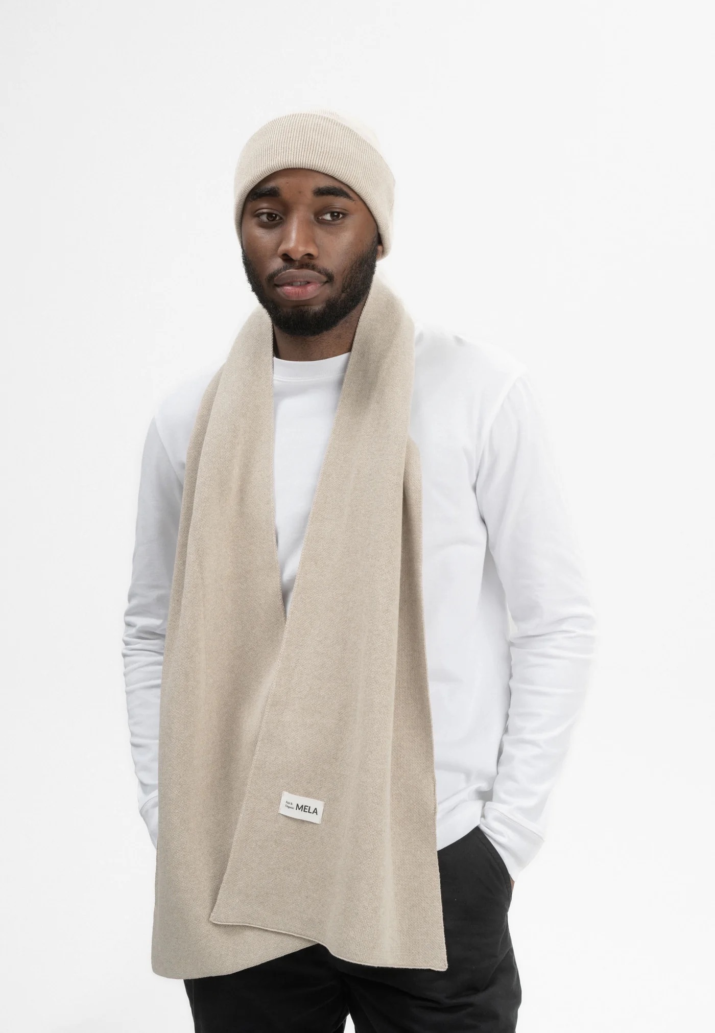 MELA men vegan Knit Scarf Jacquard Rib Asmee Pebble Melange