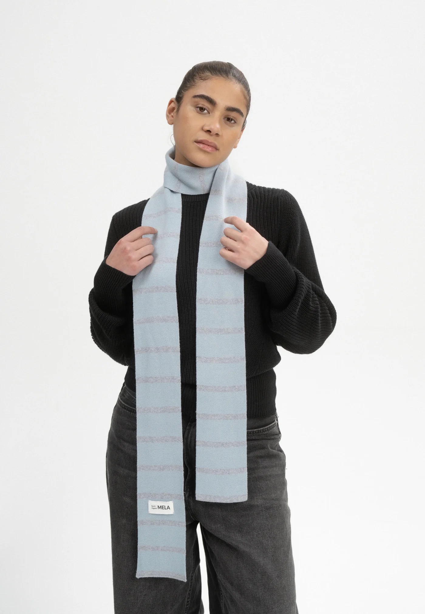 MELA men vegan Knit Scarf Slim Banhi Cloudy Blue/Grey Melange
