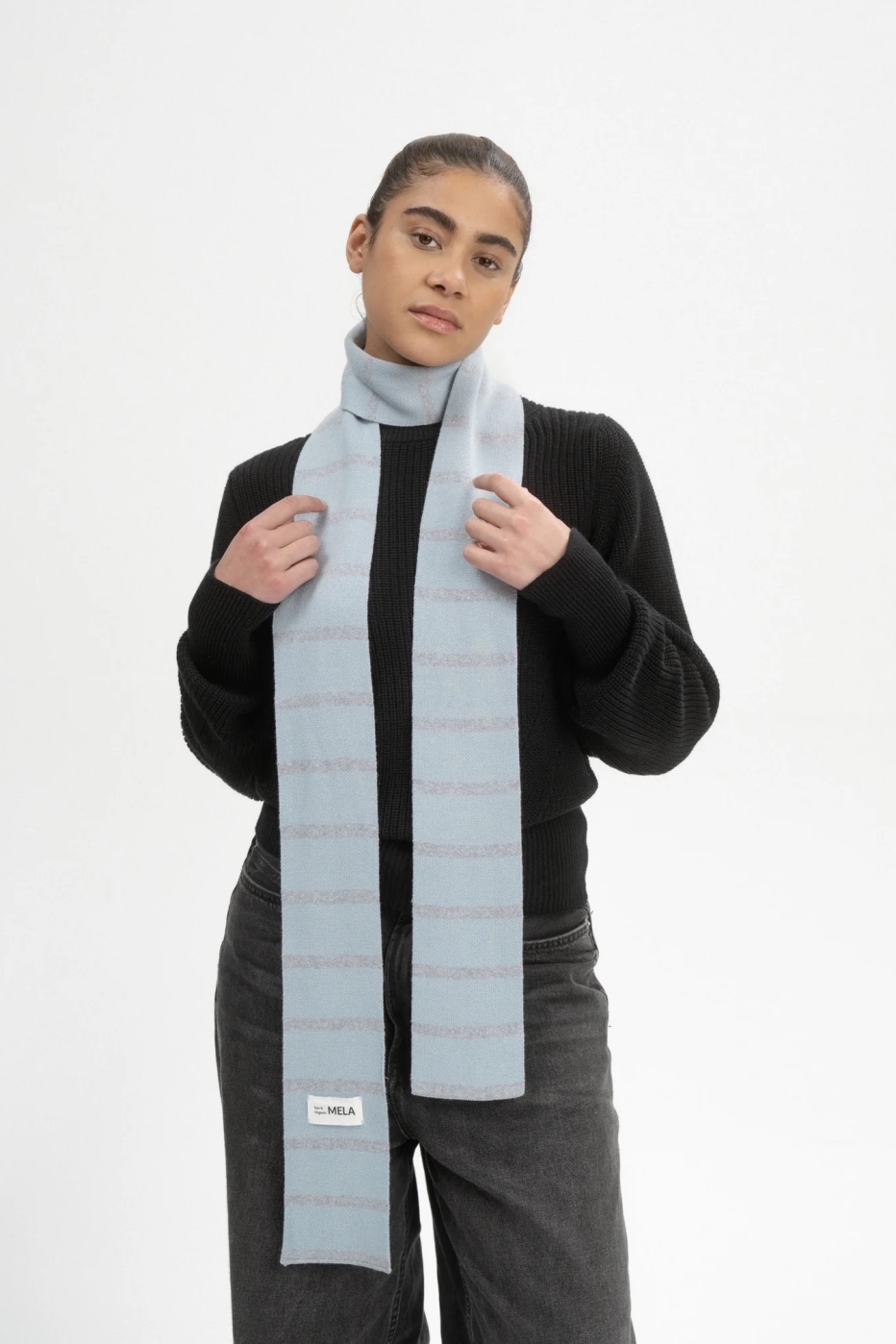 MELA men vegan Knit Scarf Slim Banhi Cloudy Blue/Grey Melange