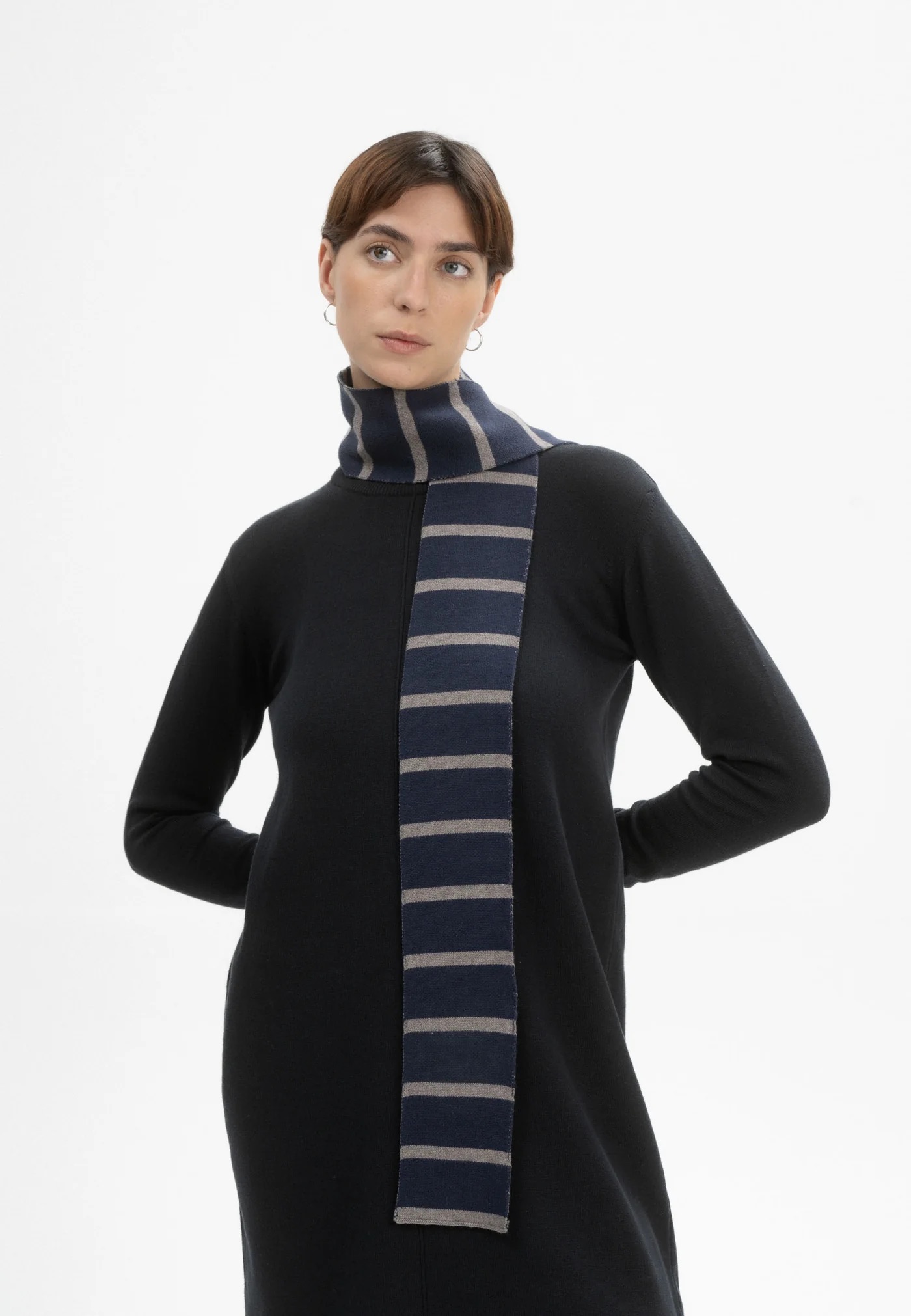 MELA men vegan Knit Scarf Slim Banhi Navy/Bear Melange Striped
