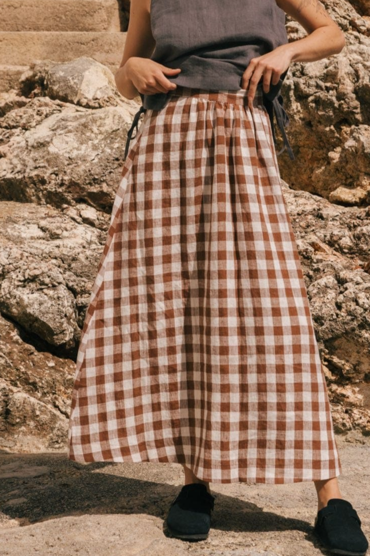 Image of AmourLinen dames vegan Rok Mona Mocha Gingham
