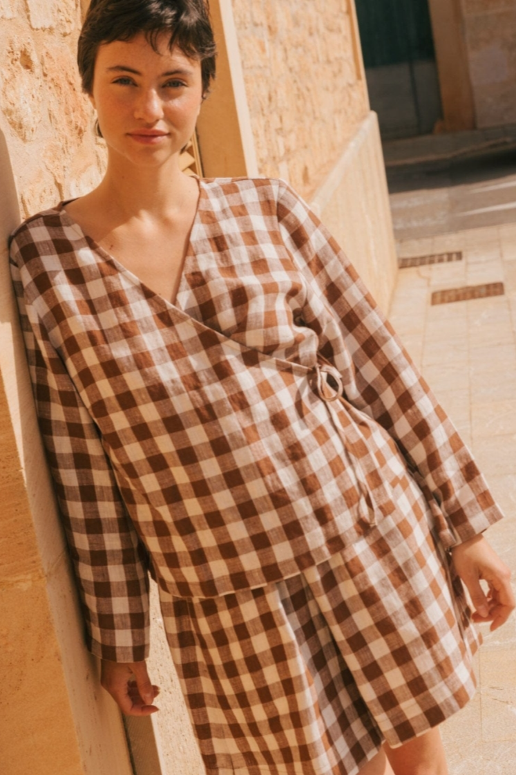 AmourLinen Damen vegan Wickeltop Adele Mocha Gingham