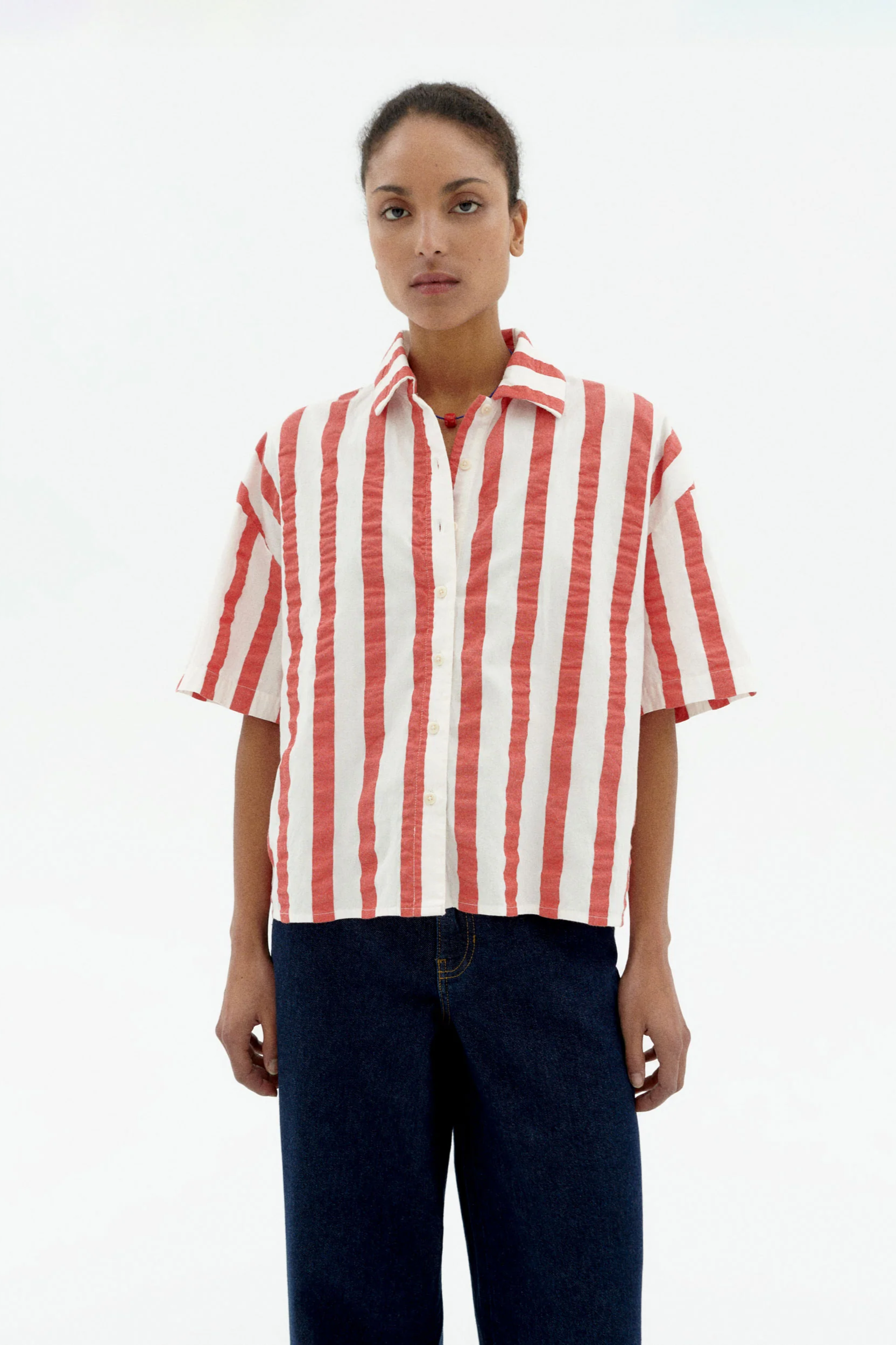 Image of Thinking MU dames vegan Blouse Seersucker Anna Gestreept Rood