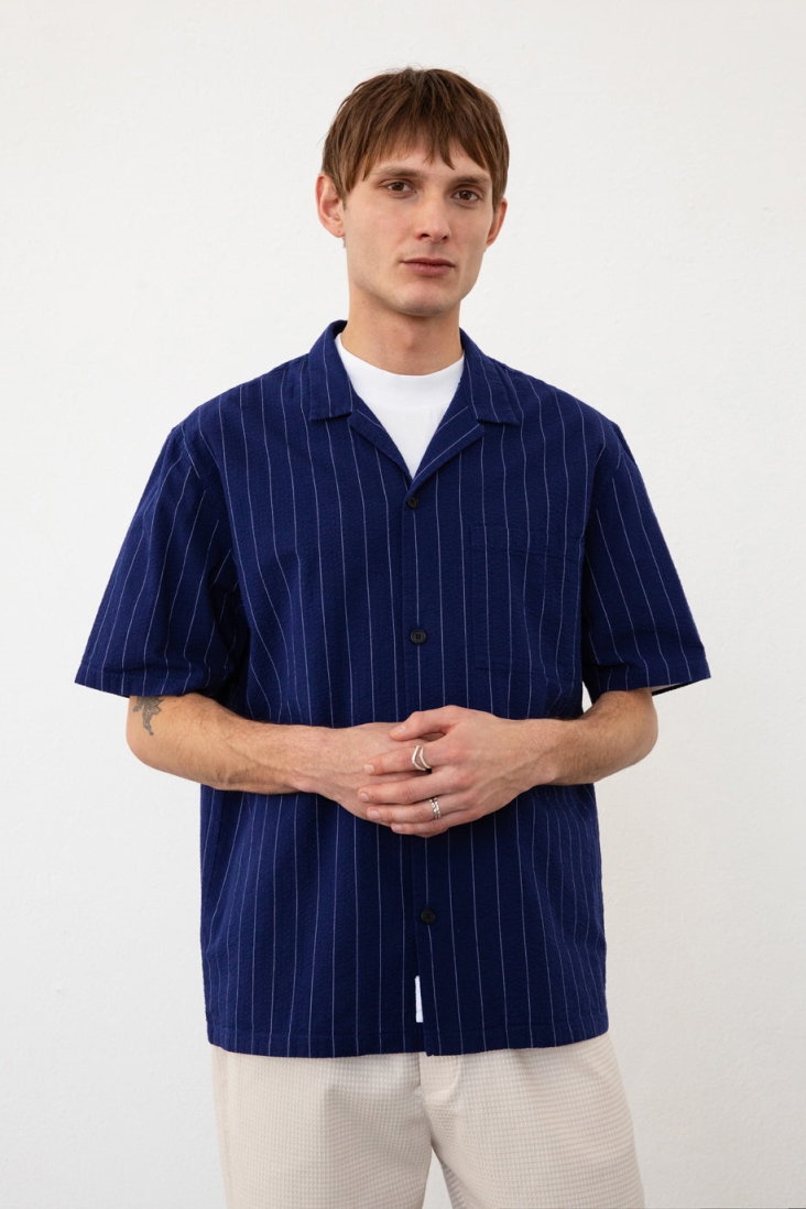 Image of Rotholz mannen vegan Shirt Seersucker Bowling Navy