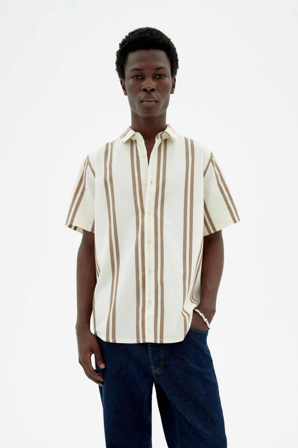 Image of Thinking MU mannen vegan Shirt Tom Ecru Strepen