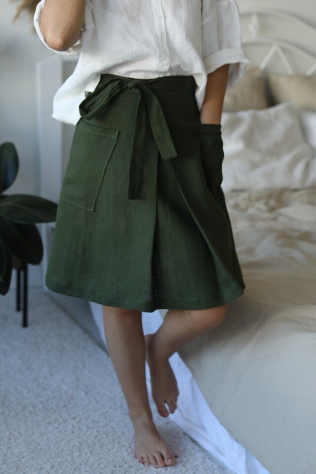 Image of Amber Linen dames vegan Wikkelrok Bosgroen