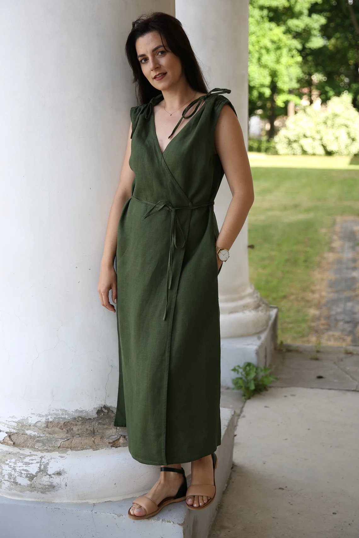 Amber Linen Damen vegan Wickelkleid Dubai WaldgrÃ¼n