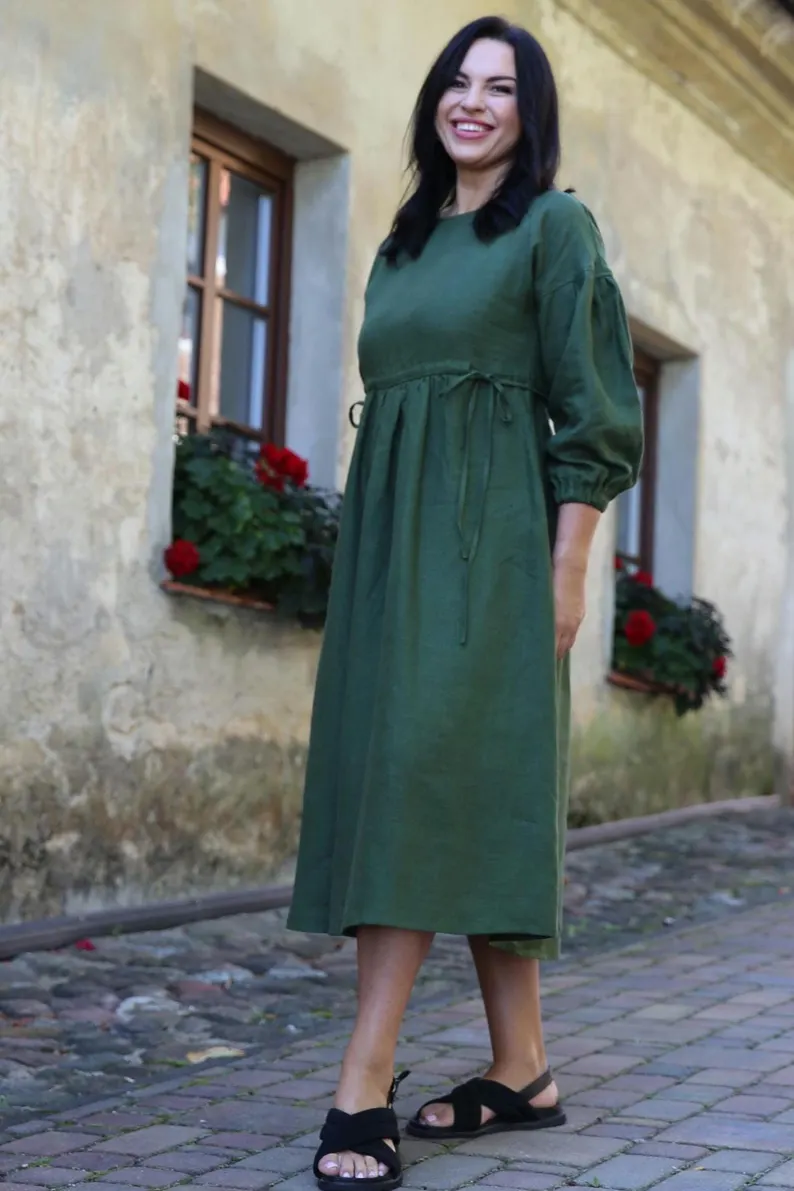 Amber Linen Damen vegan Kleid Verona WaldgrÃ¼n