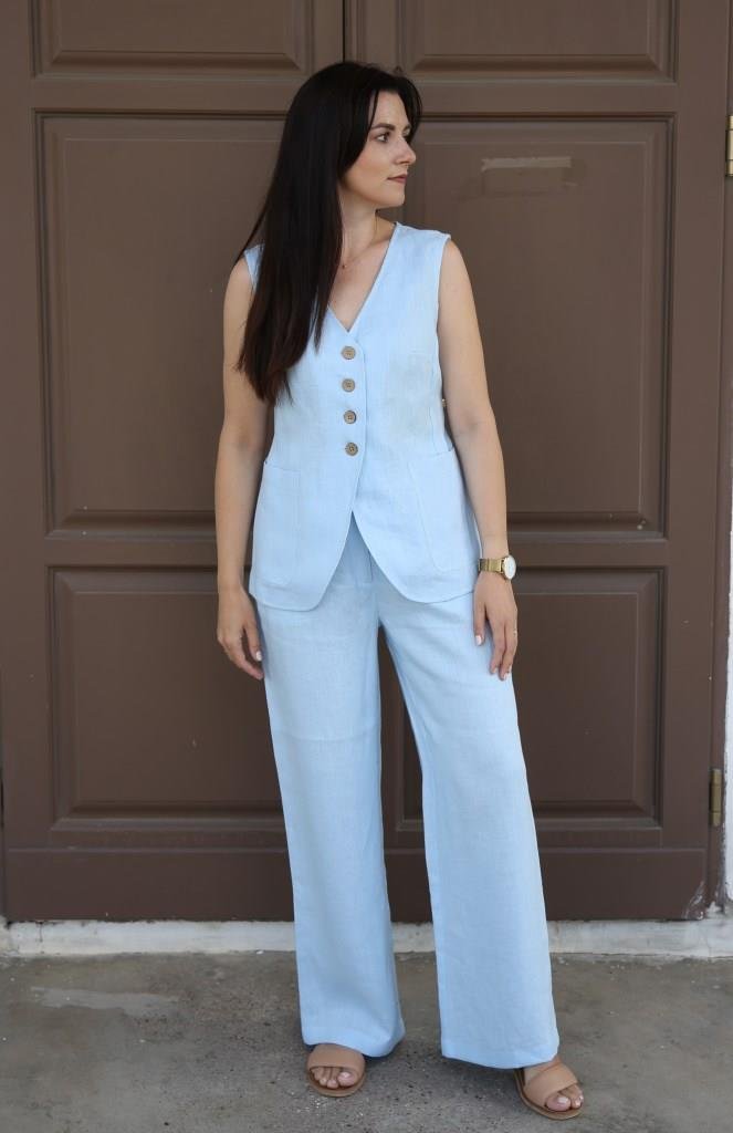 Amber Linen Damen vegan Set Weste Und Hose Cremona Himmelblau