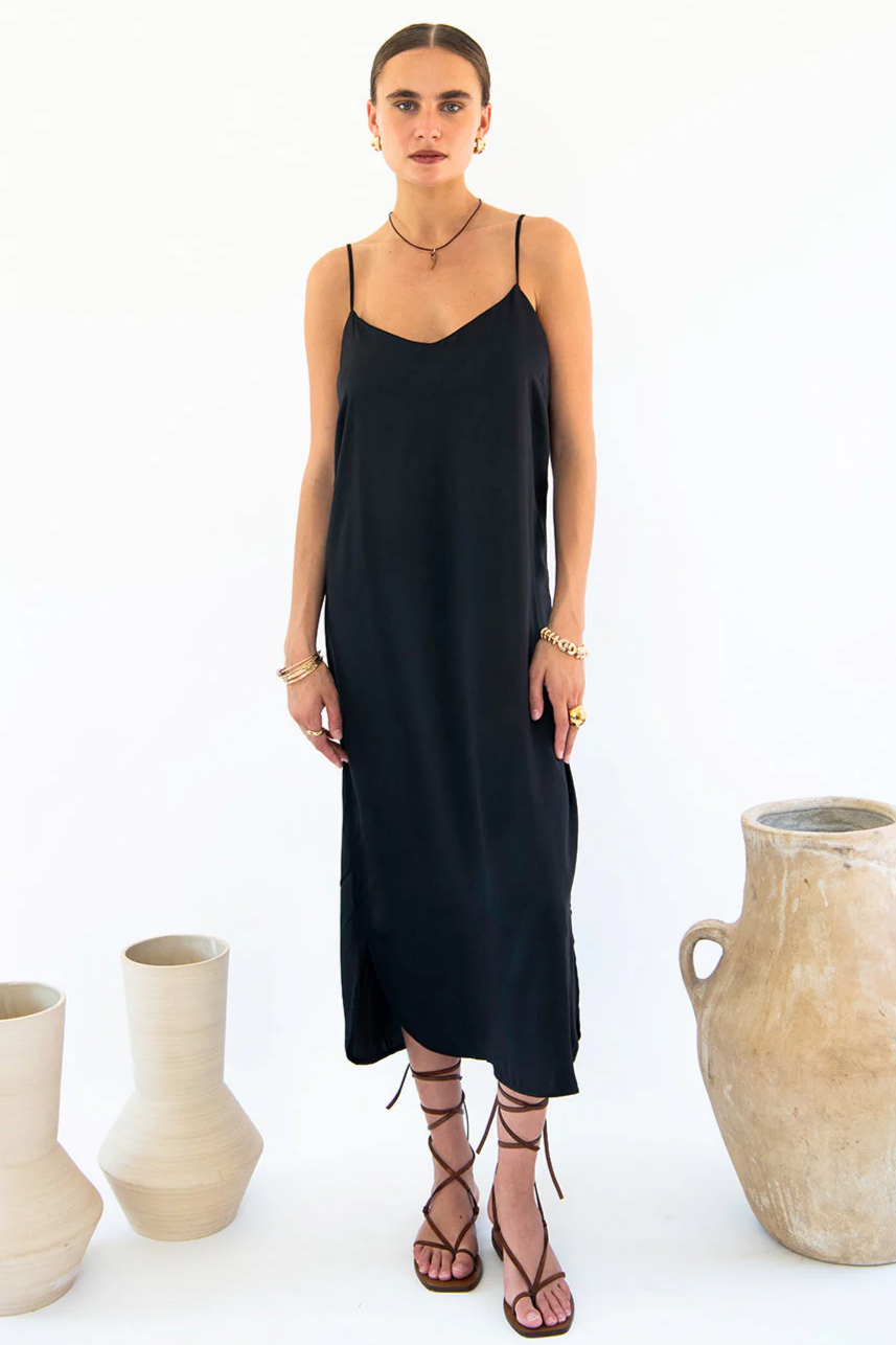 Neu Nomads US Damen vegan Kleid Slip Easy Midi Schwarz