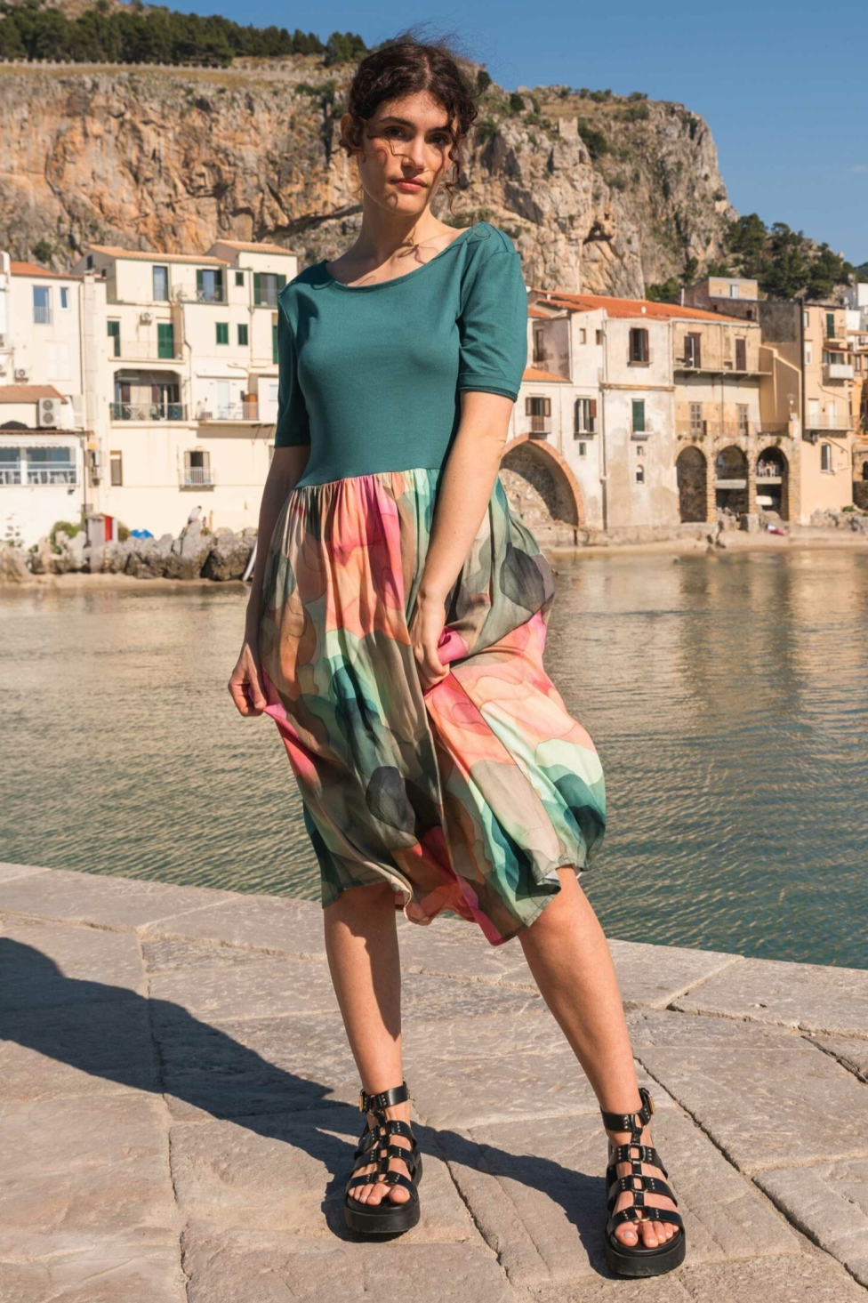 Widda Damen vegan Kleid Mixam Petrol/Wolken