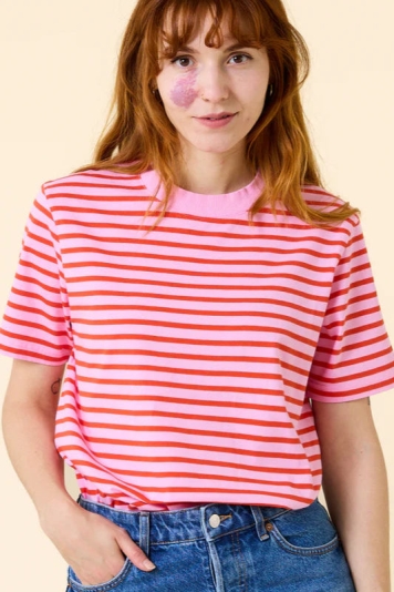 Jyoti Fair Works womens vegan T-Shirt Popeia Striped Pink/Red