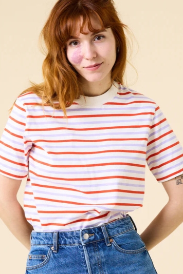 Jyoti Fair Works womens vegan T-Shirt Popeia Striped Red/Purple/White