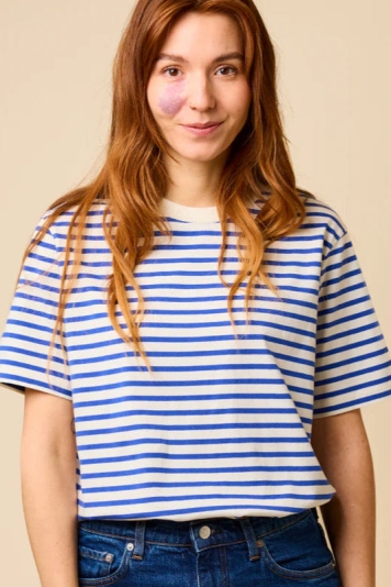 Jyoti Fair Works womens vegan T-Shirt Popeia Striped Blue/White