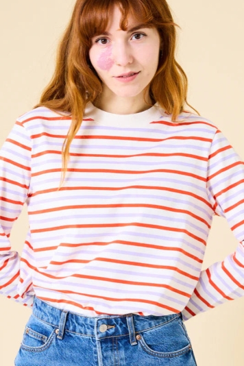 Image of Jyoti Fair Works dames vegan Longsleeve Popeia Gestreept Rood/Paars/Wit