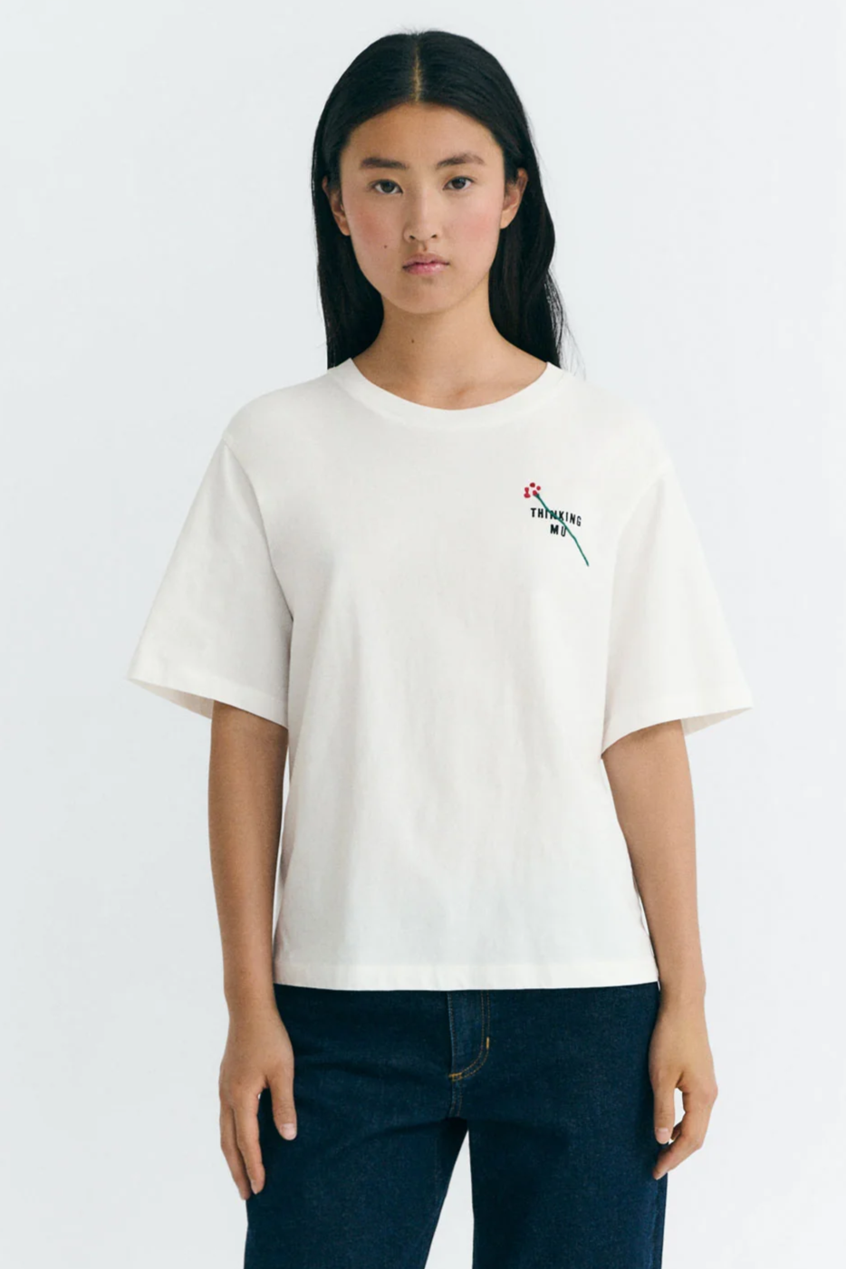 Thinking mu Damen vegan T-Shirt Lucia Blume Bestickt WeiÃŸ