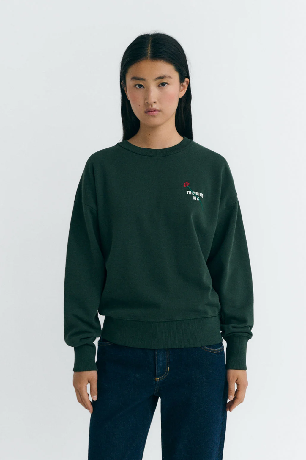 Thinking mu Damen vegan Sweatshirt Tm Jodie Flower Embroidered GrÃ¼n