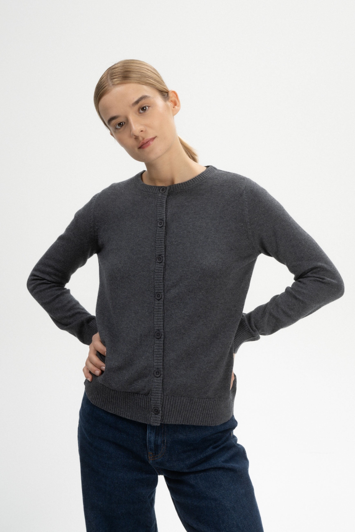 Image of MELA dames vegan Gebreid Vest Fijn Namen Antraciet Melange