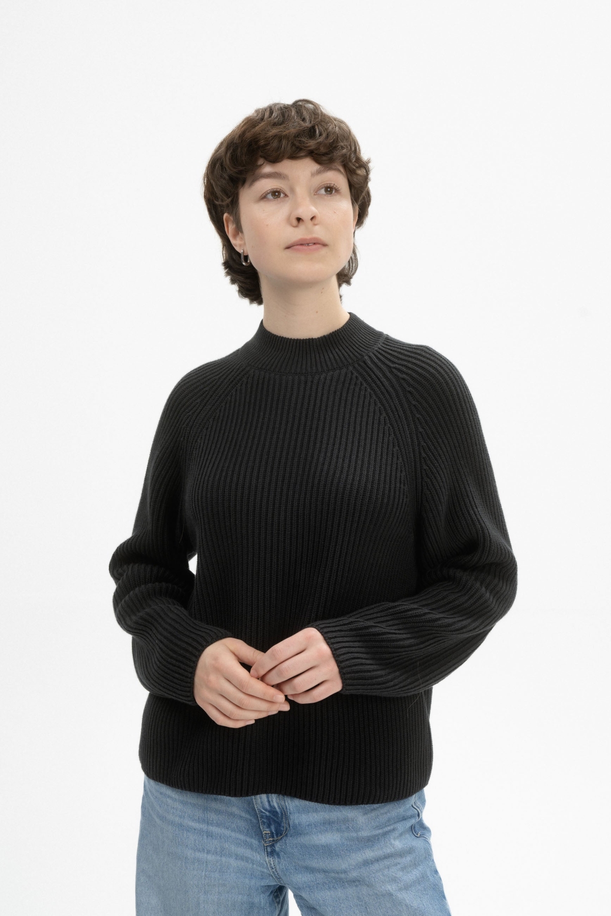MELA Damen vegan Strickpullover Rippe Stand Up Kragen Analah Schwarz