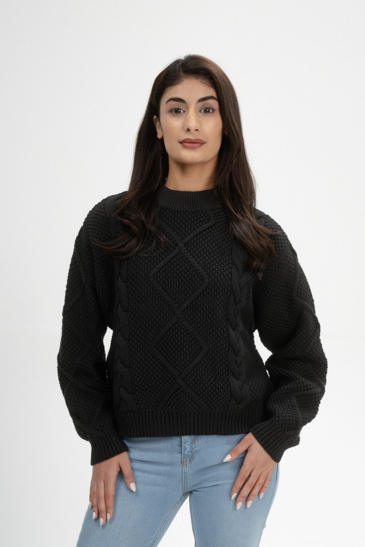 MELA Damen vegan Strickpullover Cable Samaira Schwarz