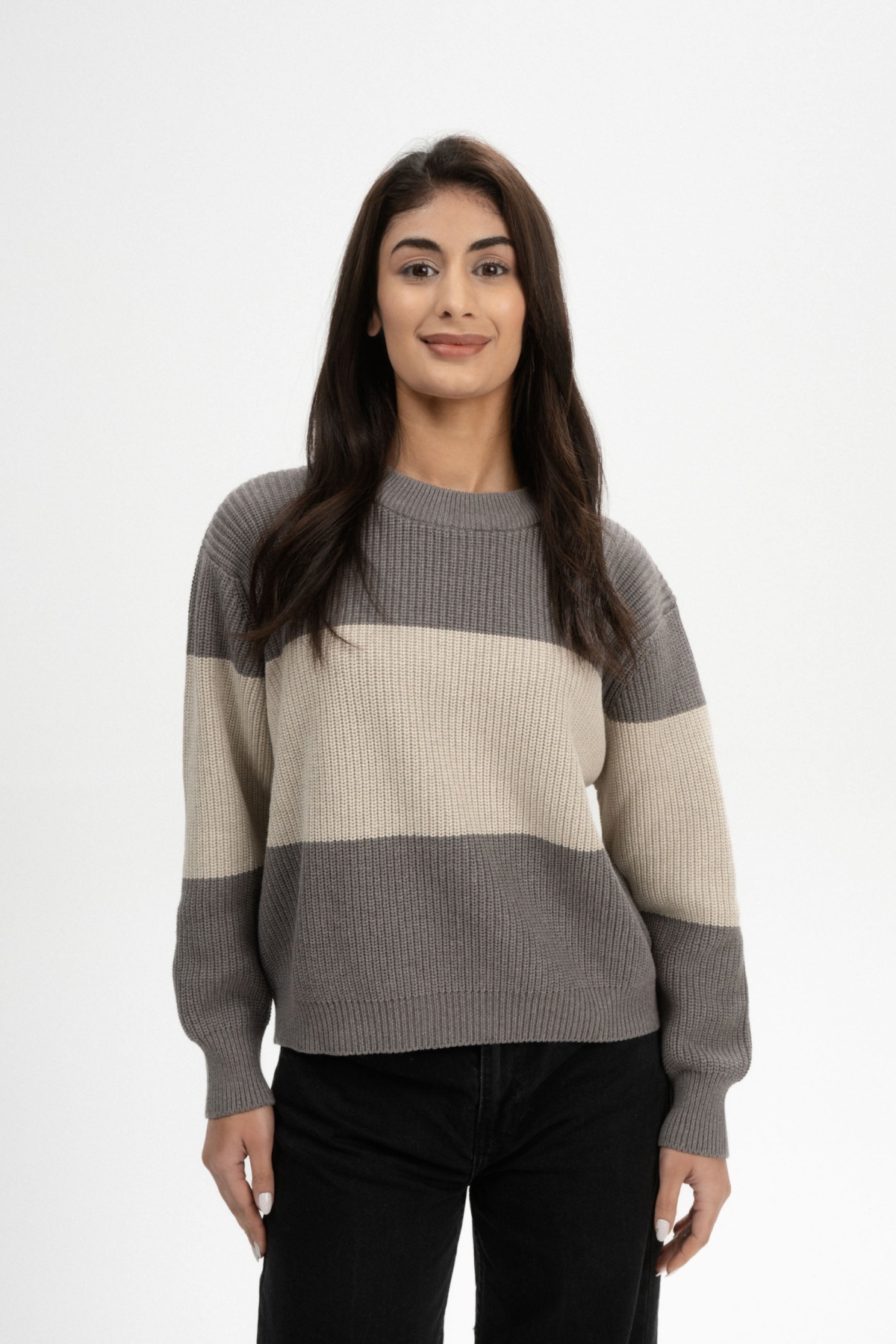 MELA Damen vegan Strickpullover Rib Adah Stripes Bear nge/Pebble nge