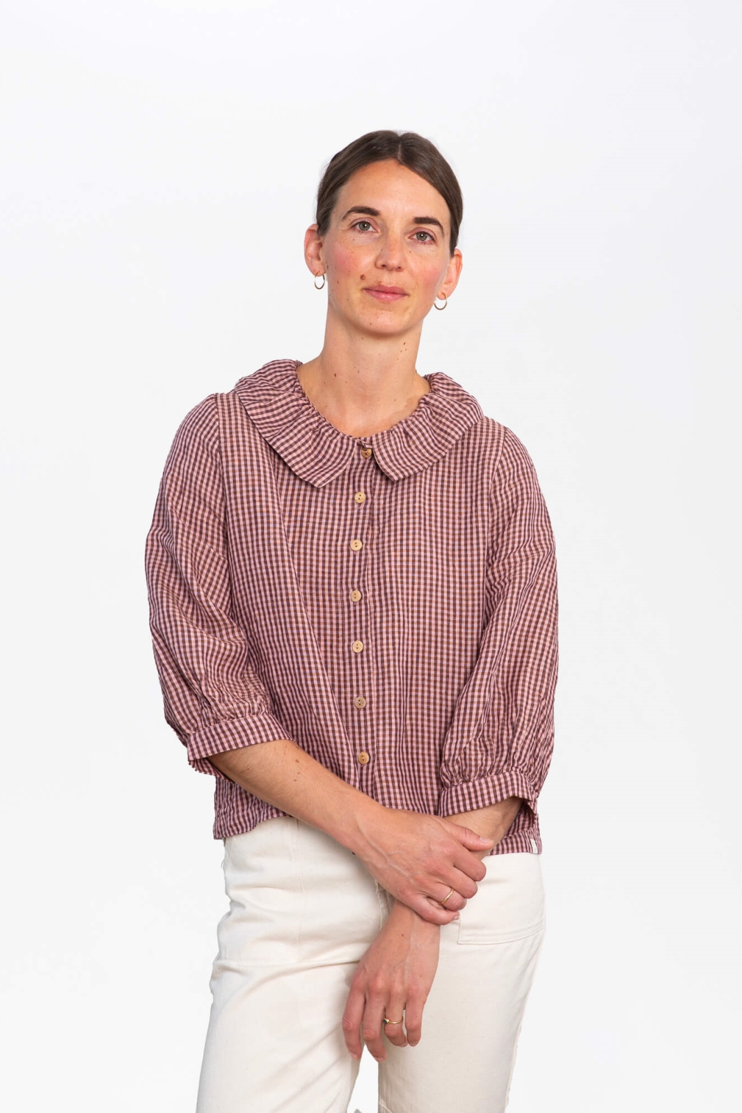 Image of MATONA dames vegan Blouse Met Geplooide Kraag, Donkerrood