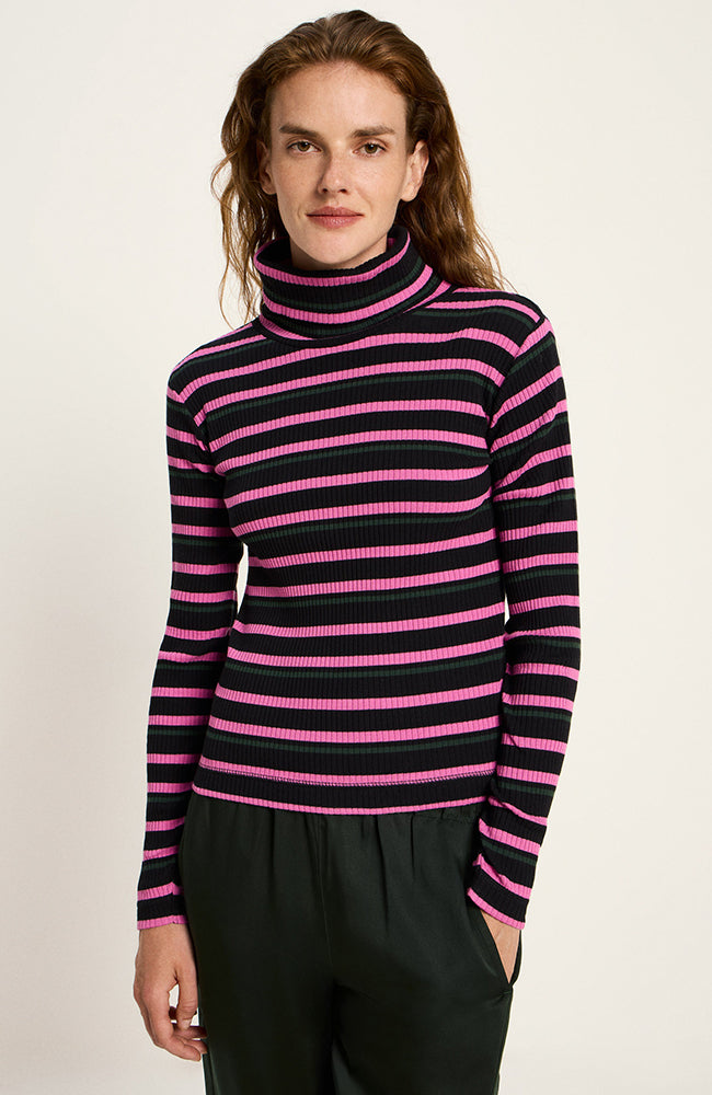 LANIUS Damen vegan Rollkragenpullover Schwarz/Pink Gestreift