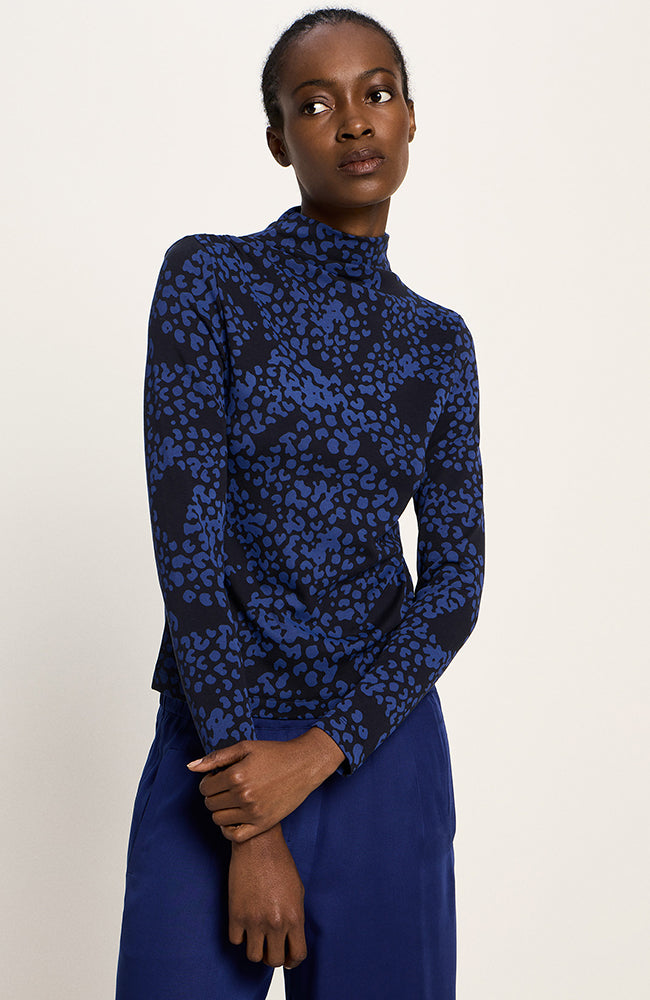 LANIUS Damen vegan Pullover Rollkragenpullover Animal Print Blau/Schwarz