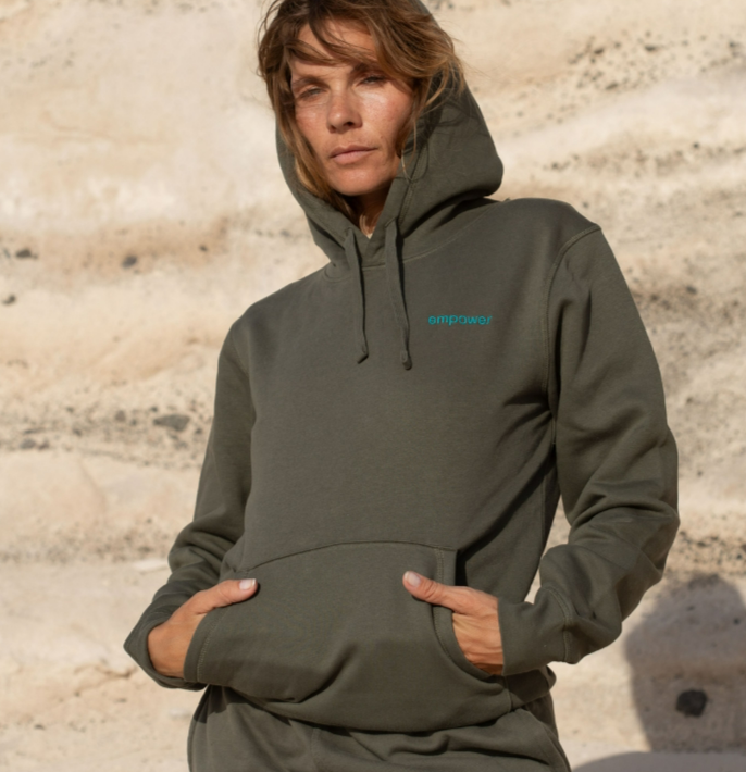 Image of Inaska dames vegan Hoodie Unisex Empower Khaki Turquoise