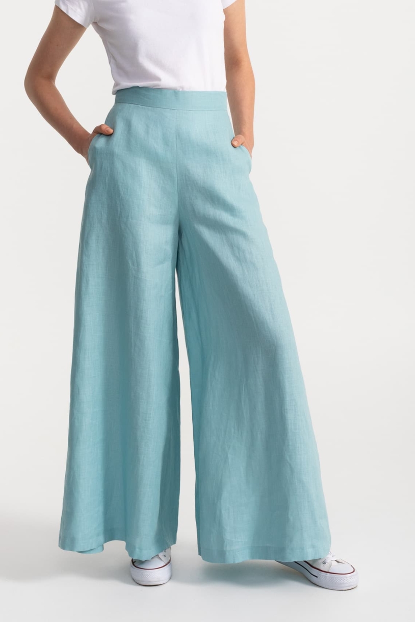 Image of De IONESCU dames vegan Broek Palazzo Linnen Aqua