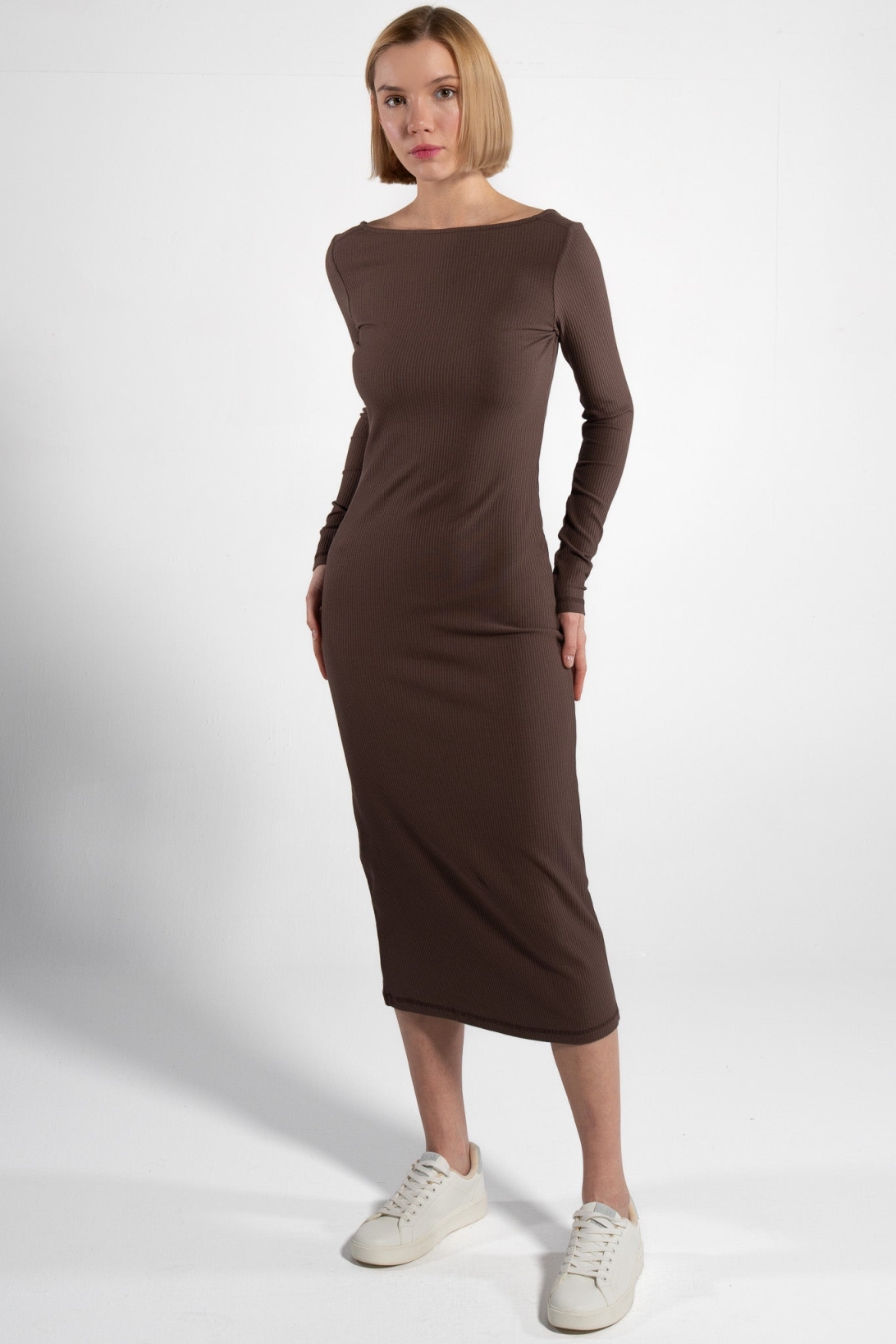 GORG Damen vegan Kleid Lang&Atilde;&curren;rmelig Gerippt Mokka Braun