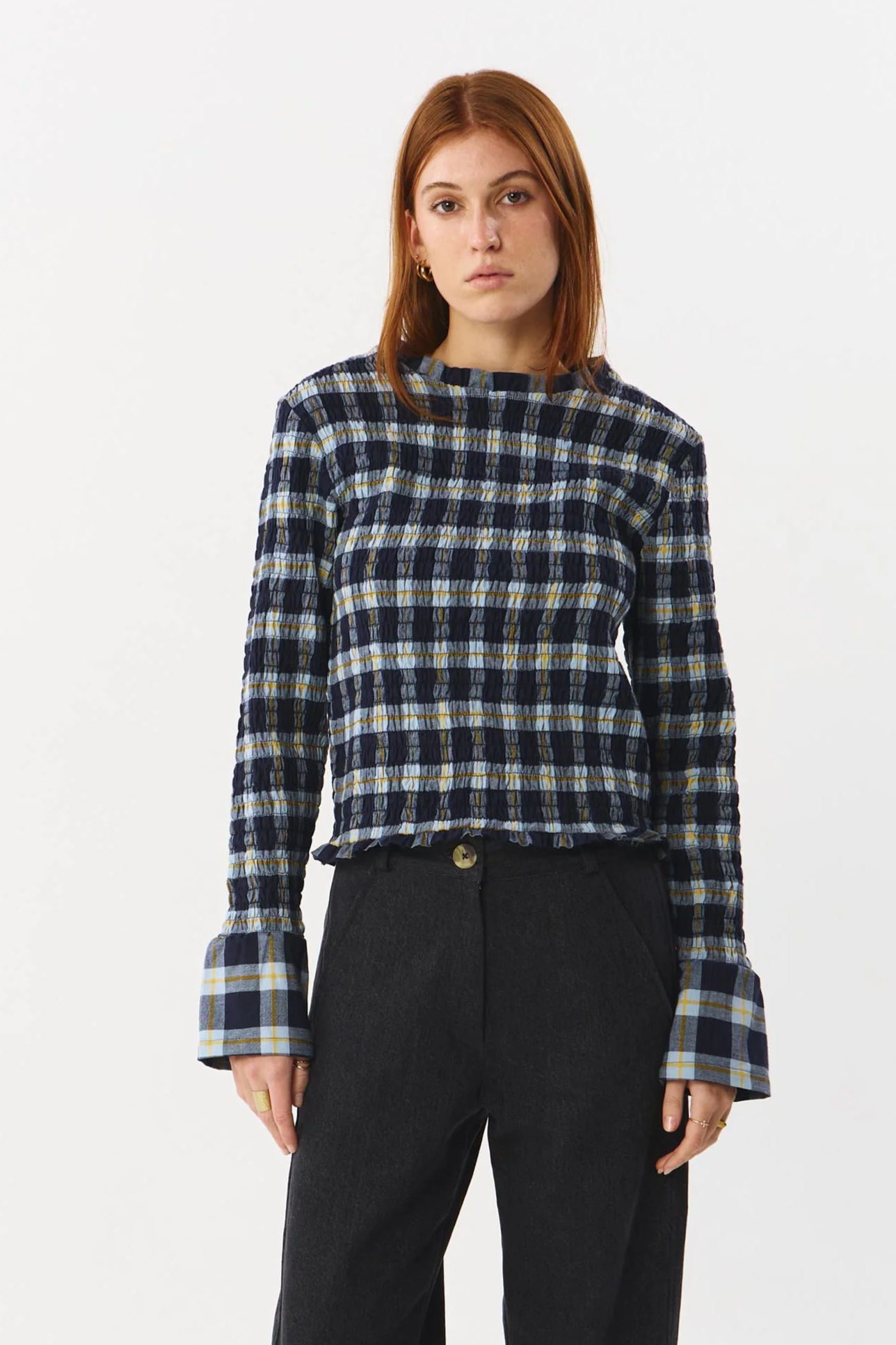 SUITE13LAB Damen vegan Bluse Tempe Check Senf/Dunkelblau