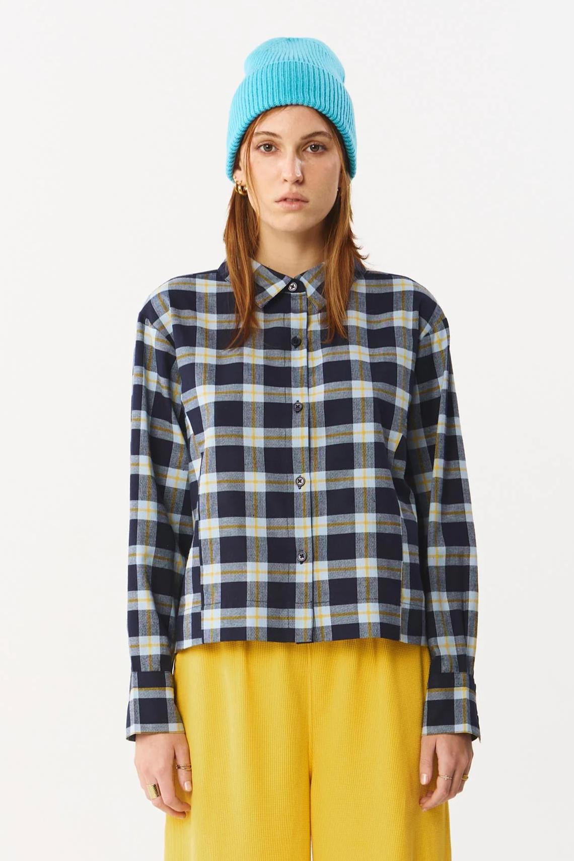 SUITE13LAB Damen vegan Hemd Sens Check Senf/Dunkelblau