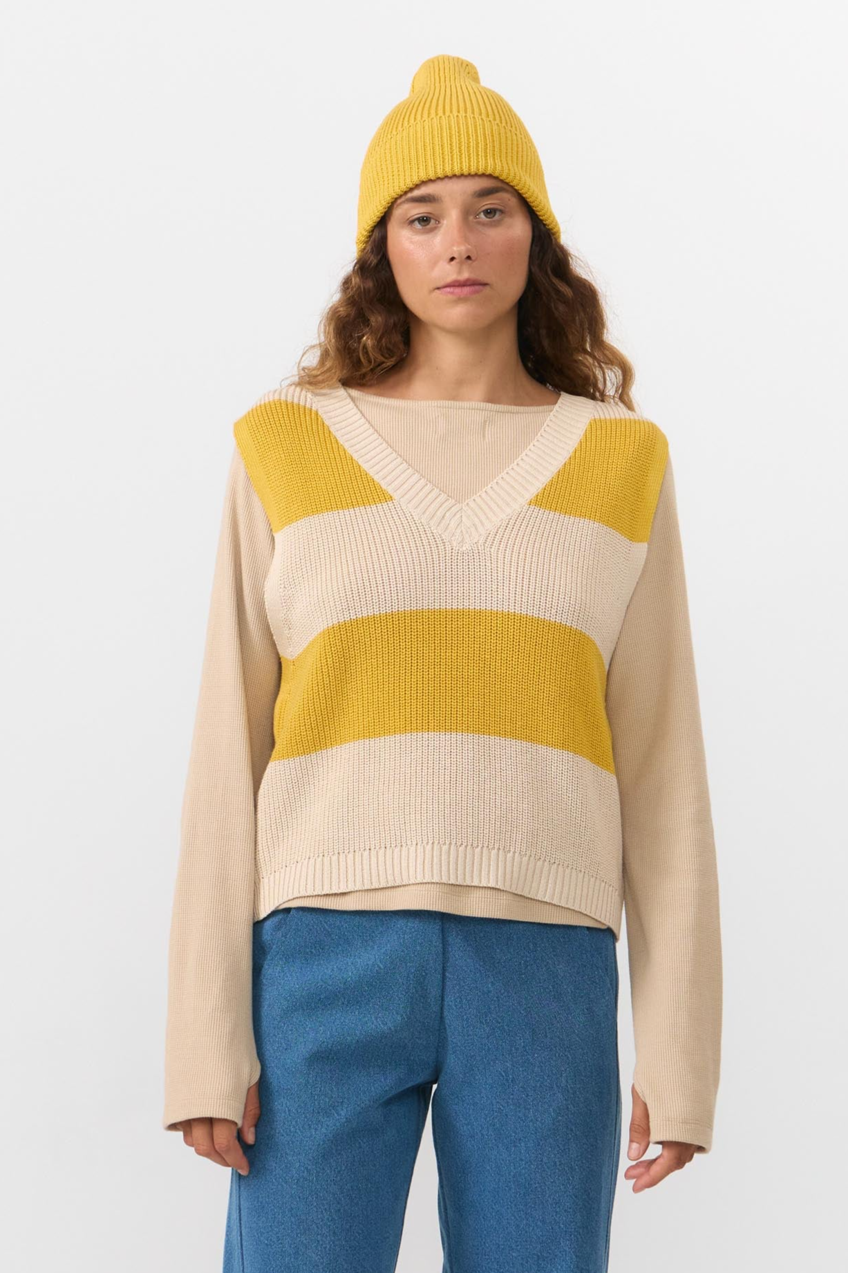 SUITE13LAB Damen vegan Weste Amates Streifen Senf