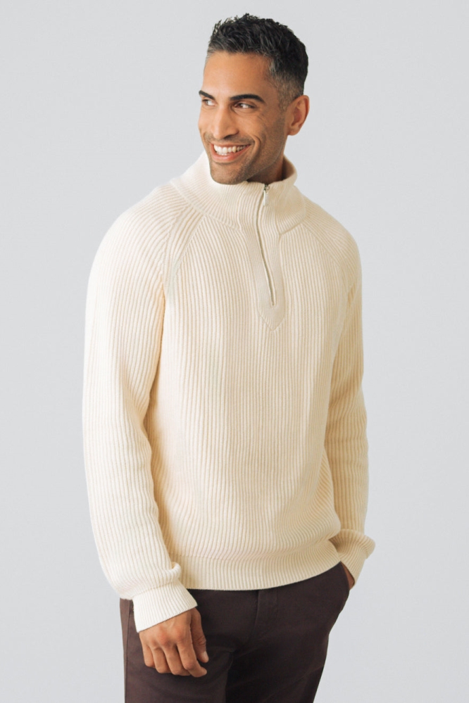 Image of Honest Basics mannen vegan Gebreide Trui Halve Rits Ivoor