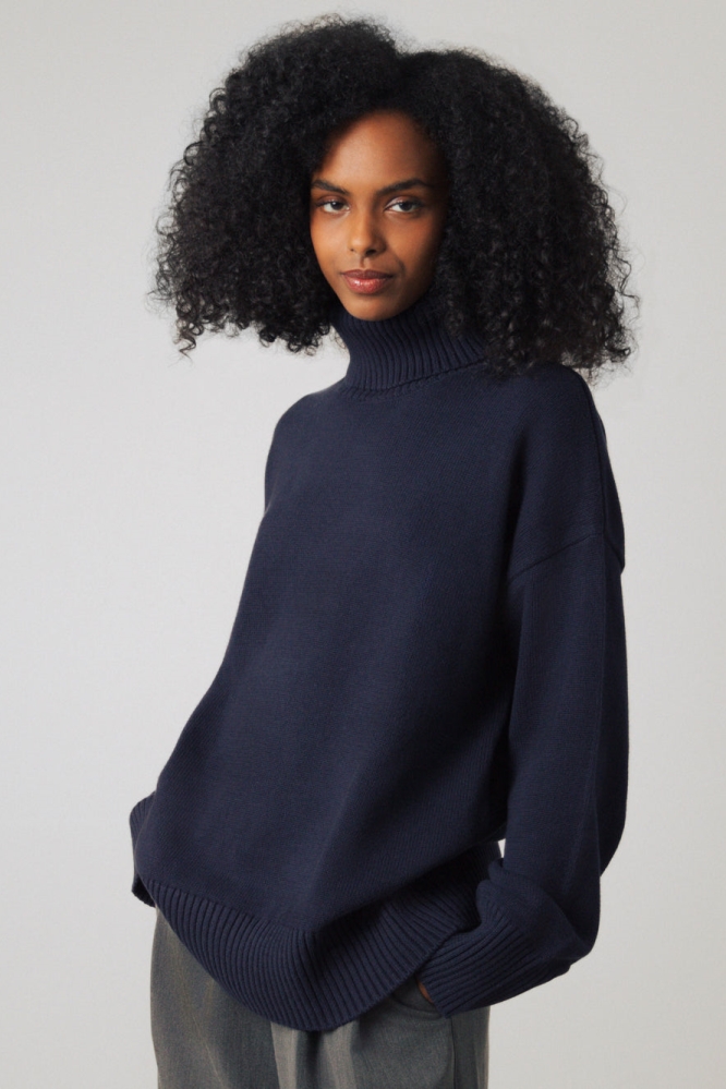 Honest Basics womens vegan Turtleneck Chunky Midnight Blue