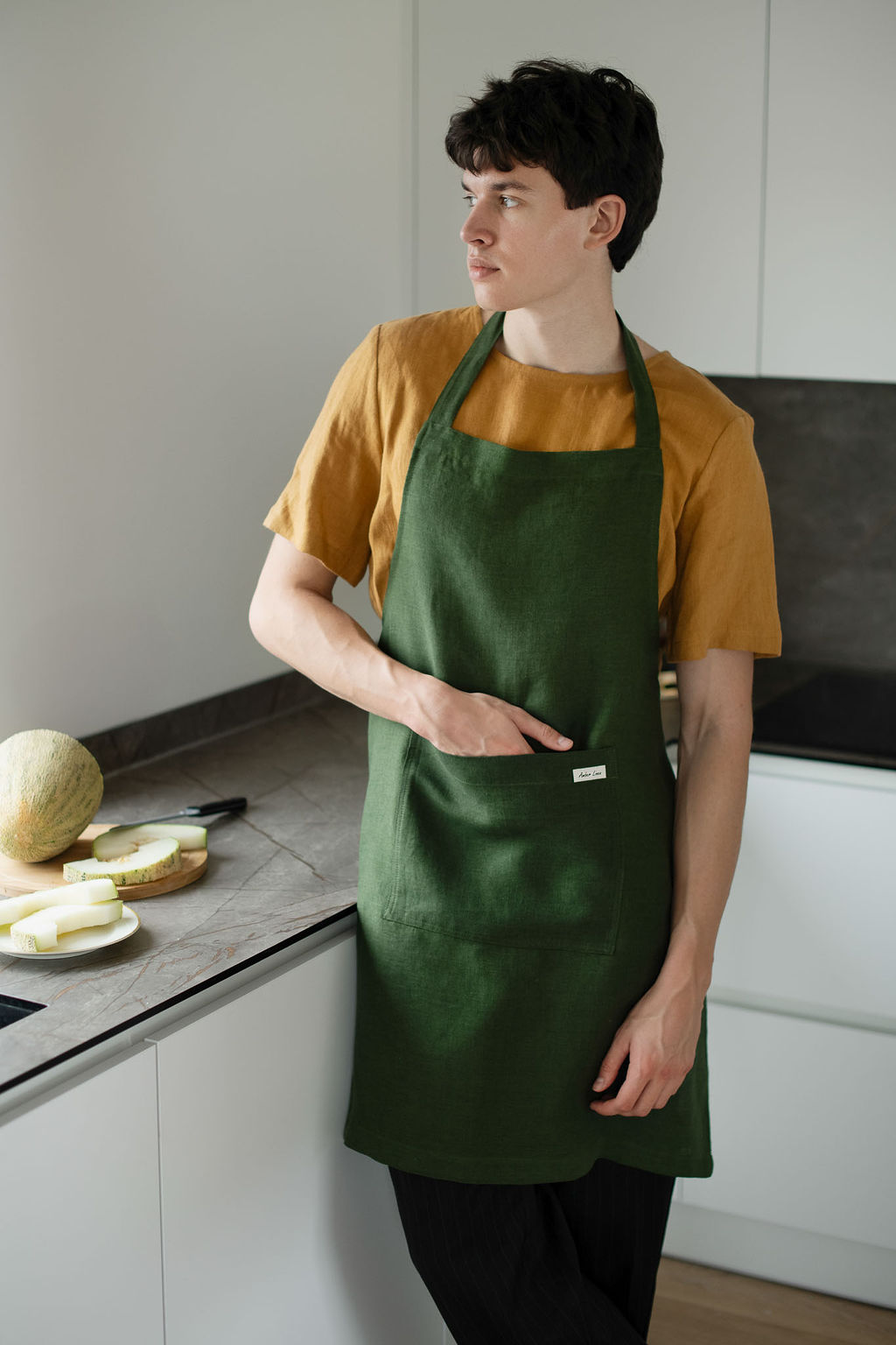 Amber Linen unisex vegan Apron Unisex Classic Forest Green