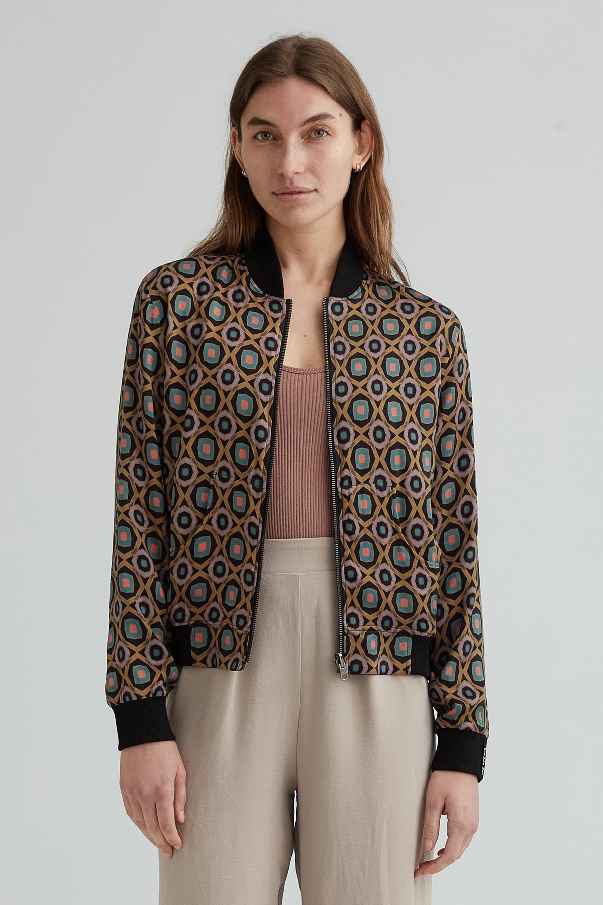 Image of Yahmo dames vegan Omkeerbare Bomberjack Ruth Kaleidoscope/Zwart