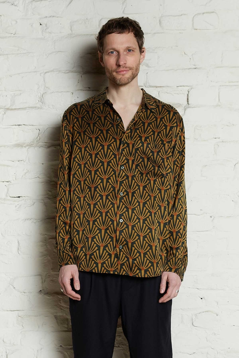 Yahmo Herren vegan Hemd Hans Artdeco Grün/Braun
