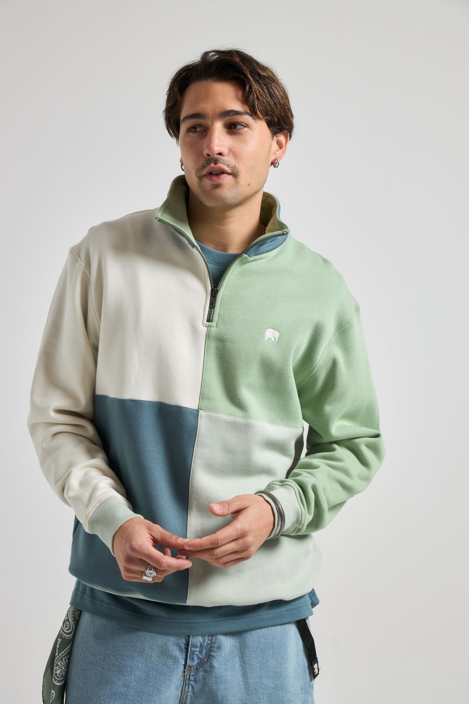 Image of Trendsplant mannen vegan Sweatshirt Met Kwartrits, Kleurblokken, Gezouten Mosgroen