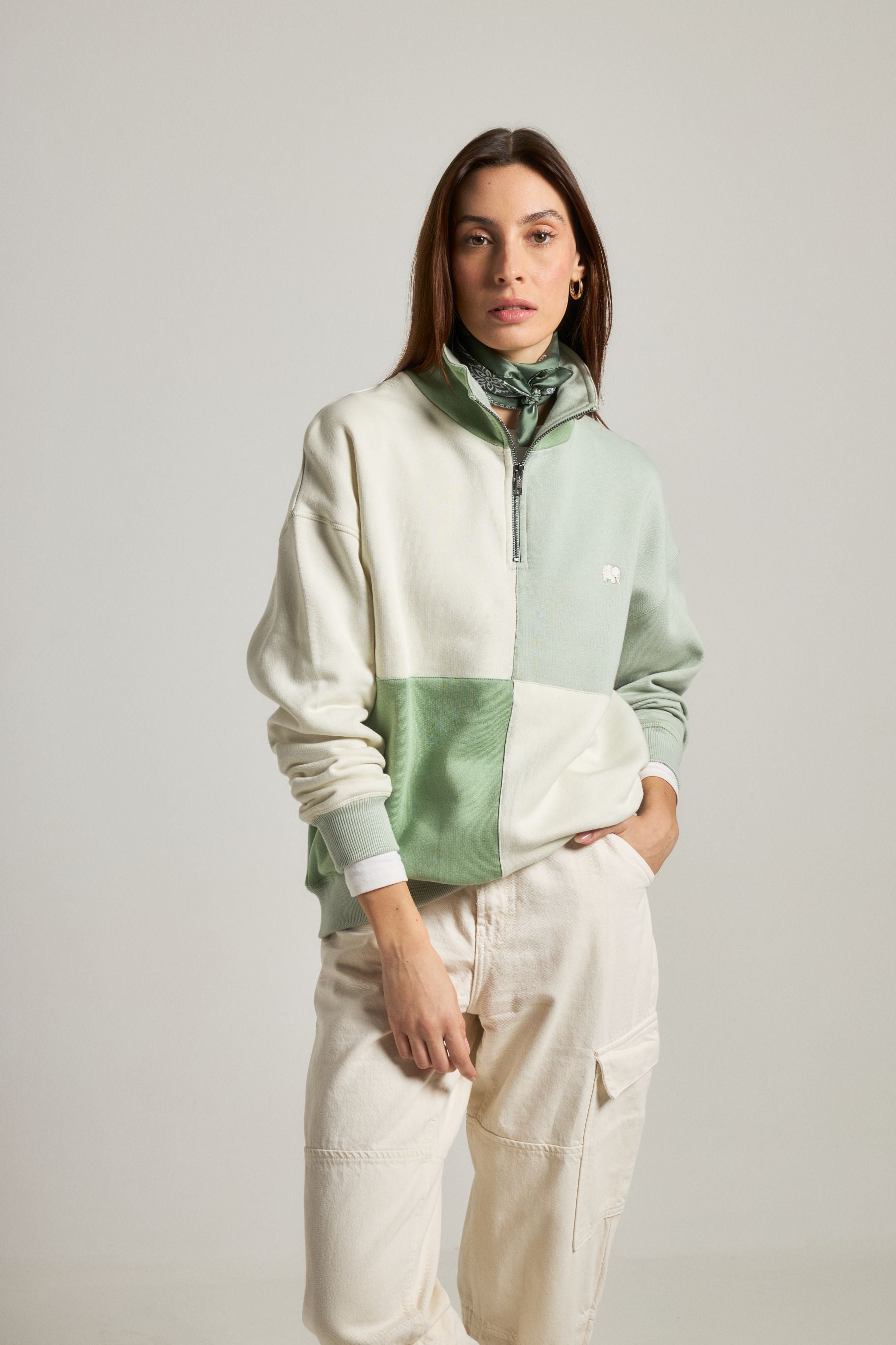 Trendsplant Damen vegan Sweatshirt Quarter Zip Übergröße Color Block Sea Glass