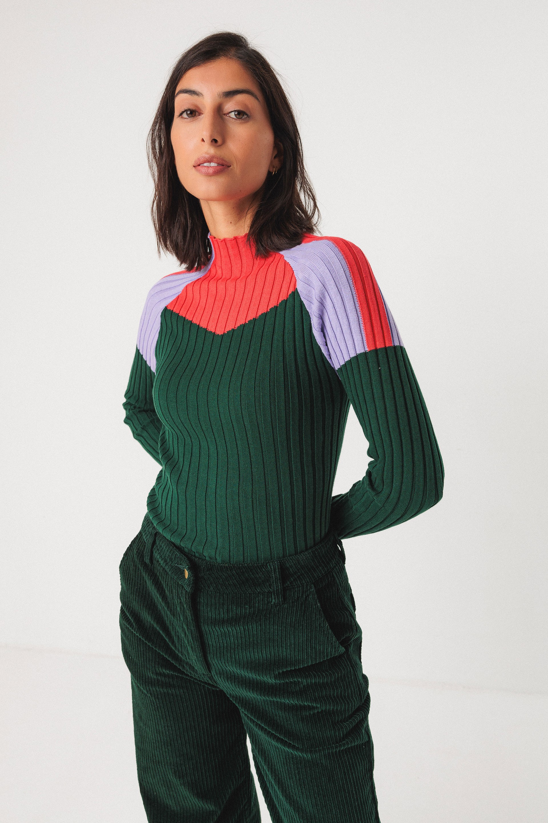 Image of SKFK dames vegan T-Shirt Van Geribbeld Gebreid Materiaal, Maritza, Veelkleurig Groen/Roze