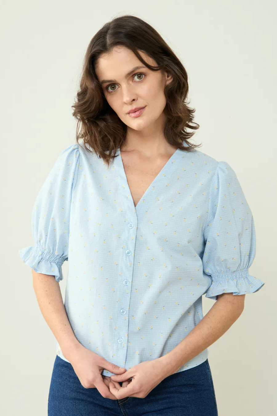 Clotsy Damen vegan Bluse Marianne Floral Hellblau