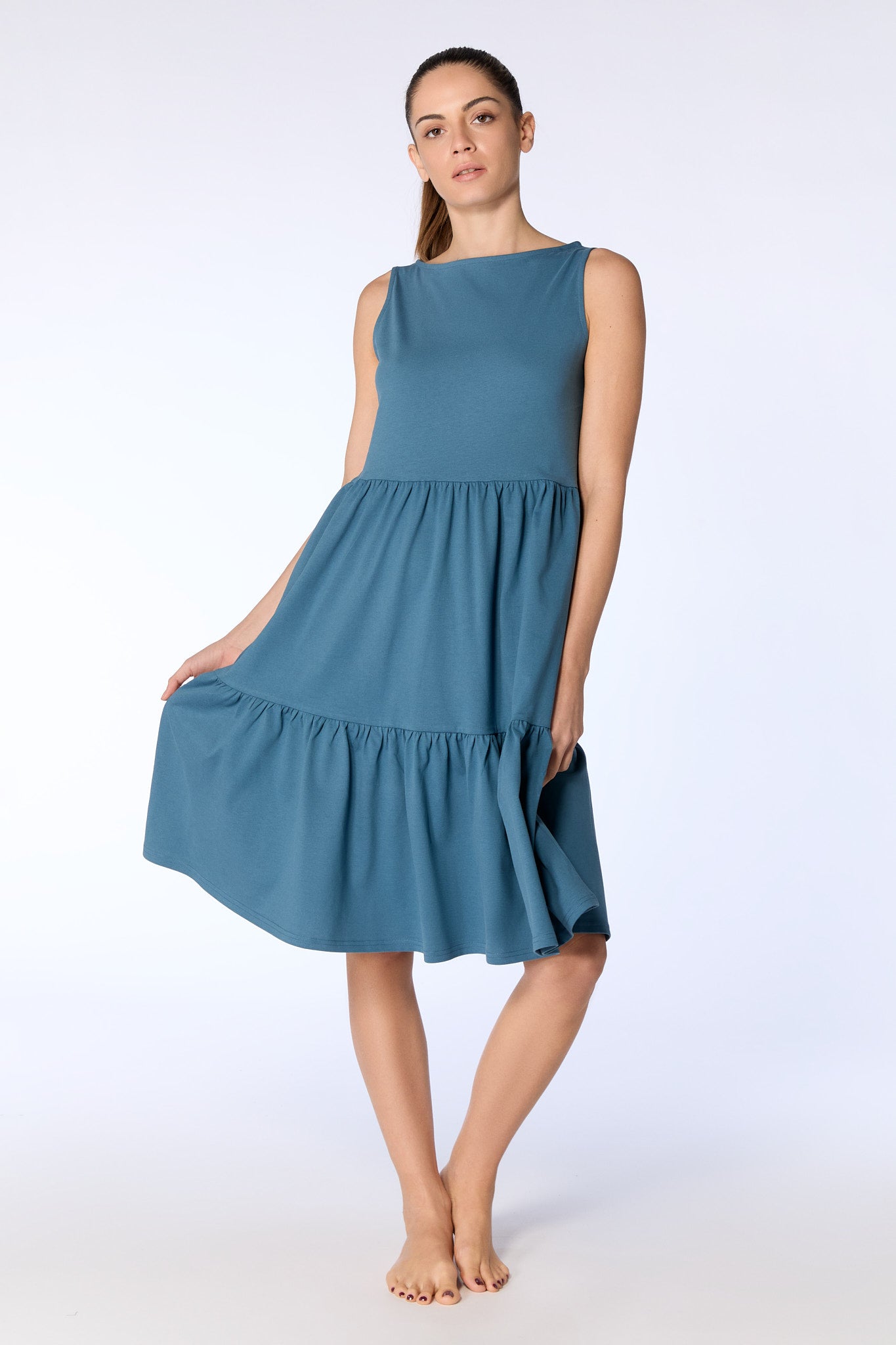 Leela Cotton Damen vegan Kleid Ruffled Alpine Grey