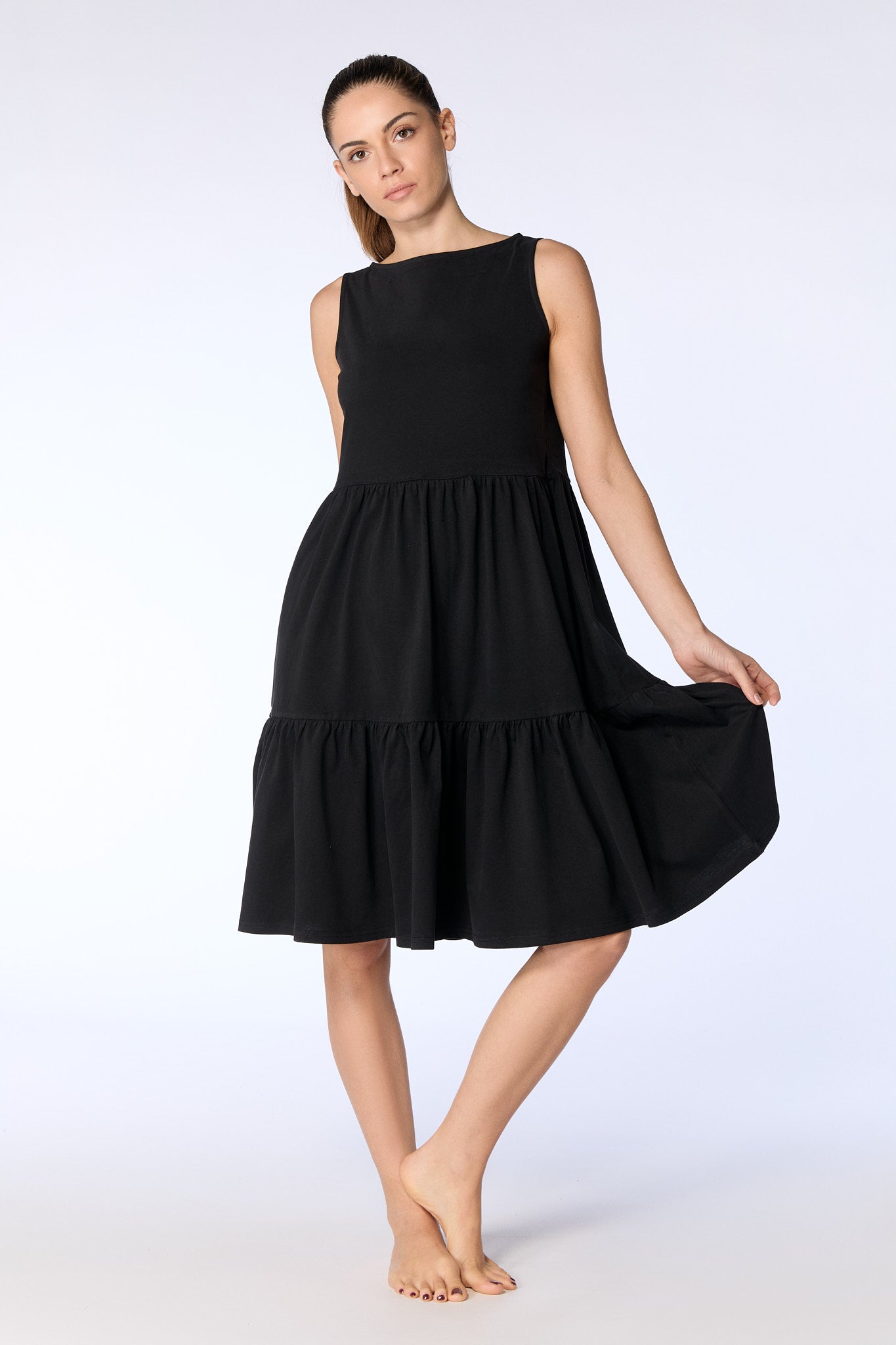 Leela Cotton Damen vegan Kleid Gerüscht Schwarz