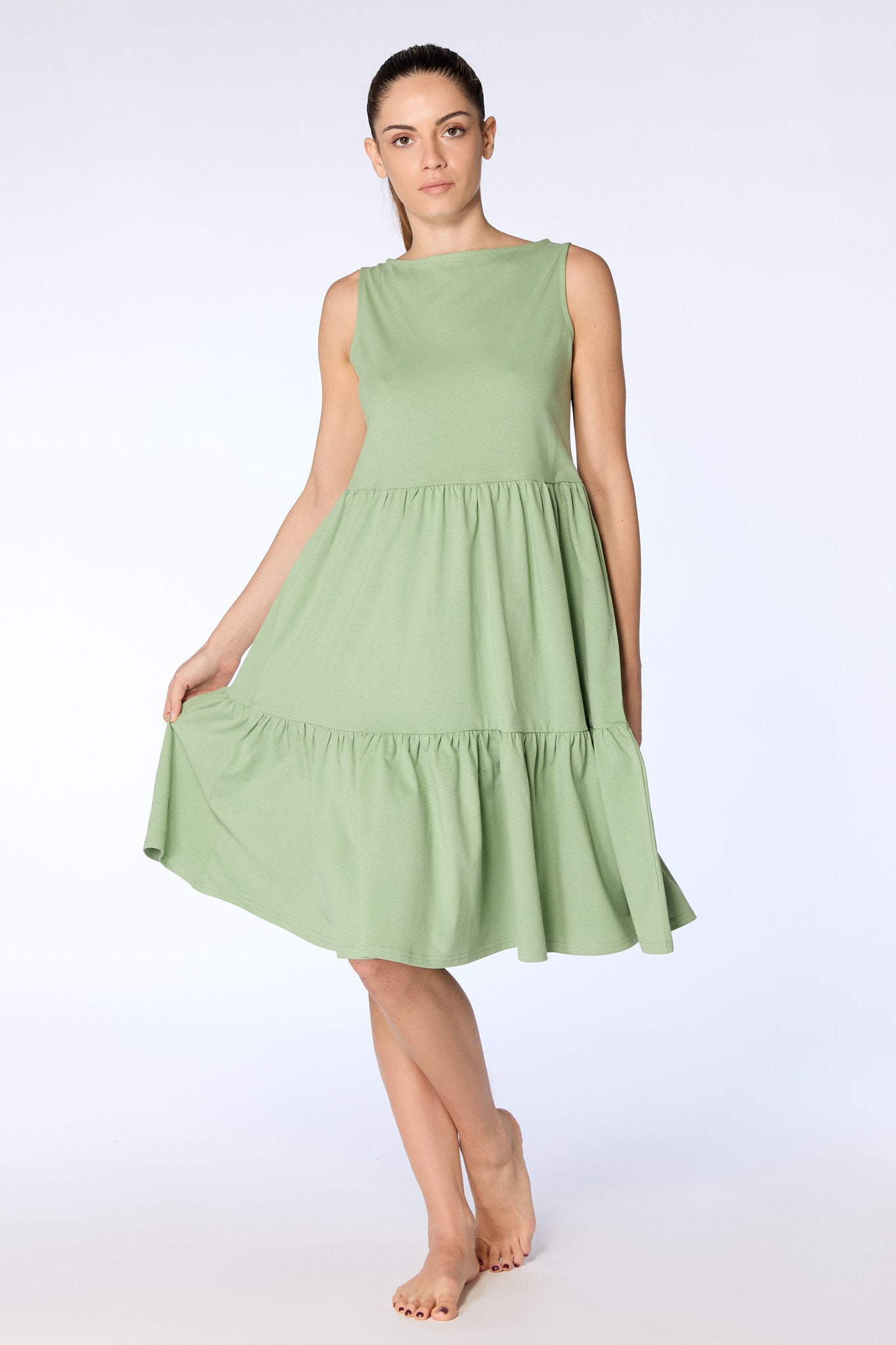 Leela Cotton Damen vegan Kleid Gerüscht Basilikum Grün